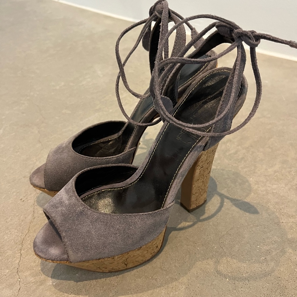 Sergio Rossi Grey Suede Lace-up Cork Platform Heels